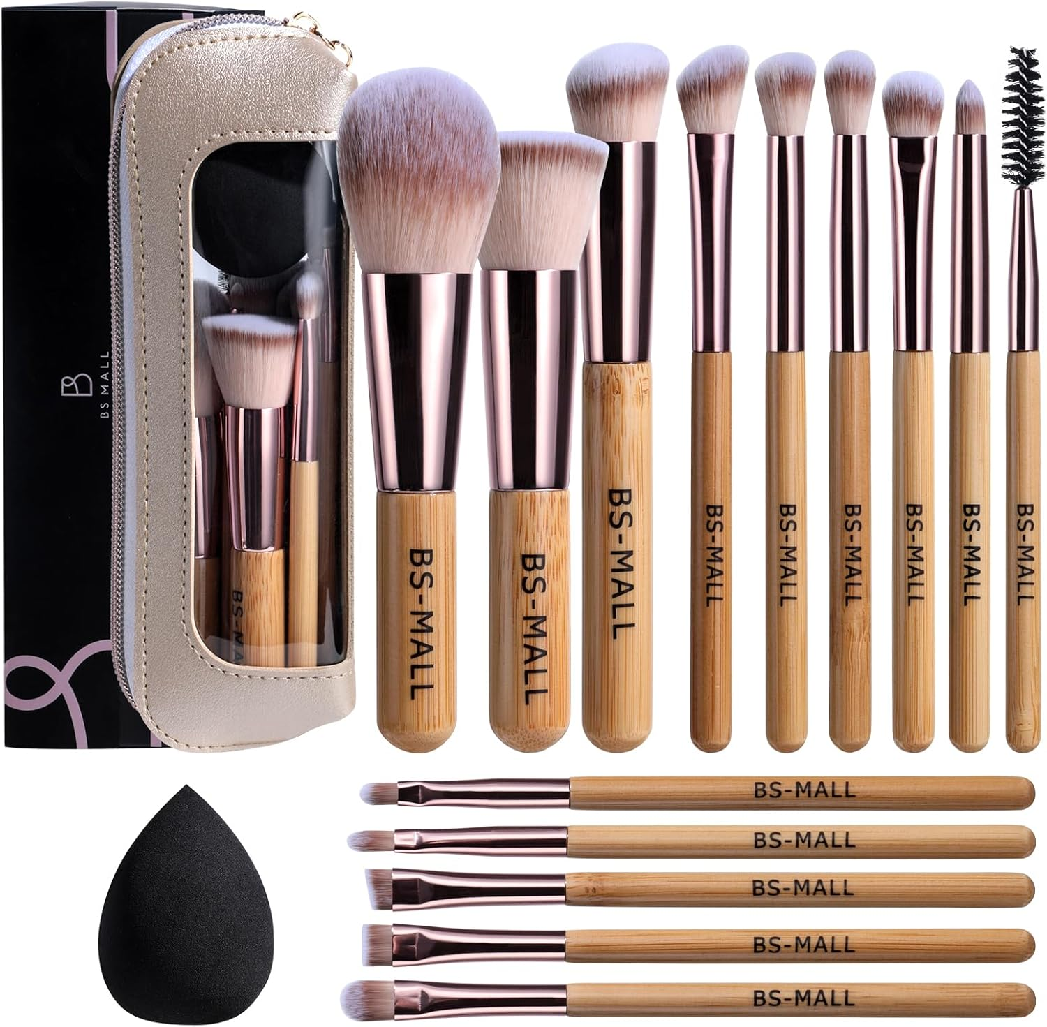 BS-MALL 14 Pcs Makeup Brushes Set with 1 Pcs Makeup Sponge &ndash; Essential Foundation Powder Concealers, Eye Shadows, Blush Makeup Brushes with Travel Makeup Case (Bamboo)