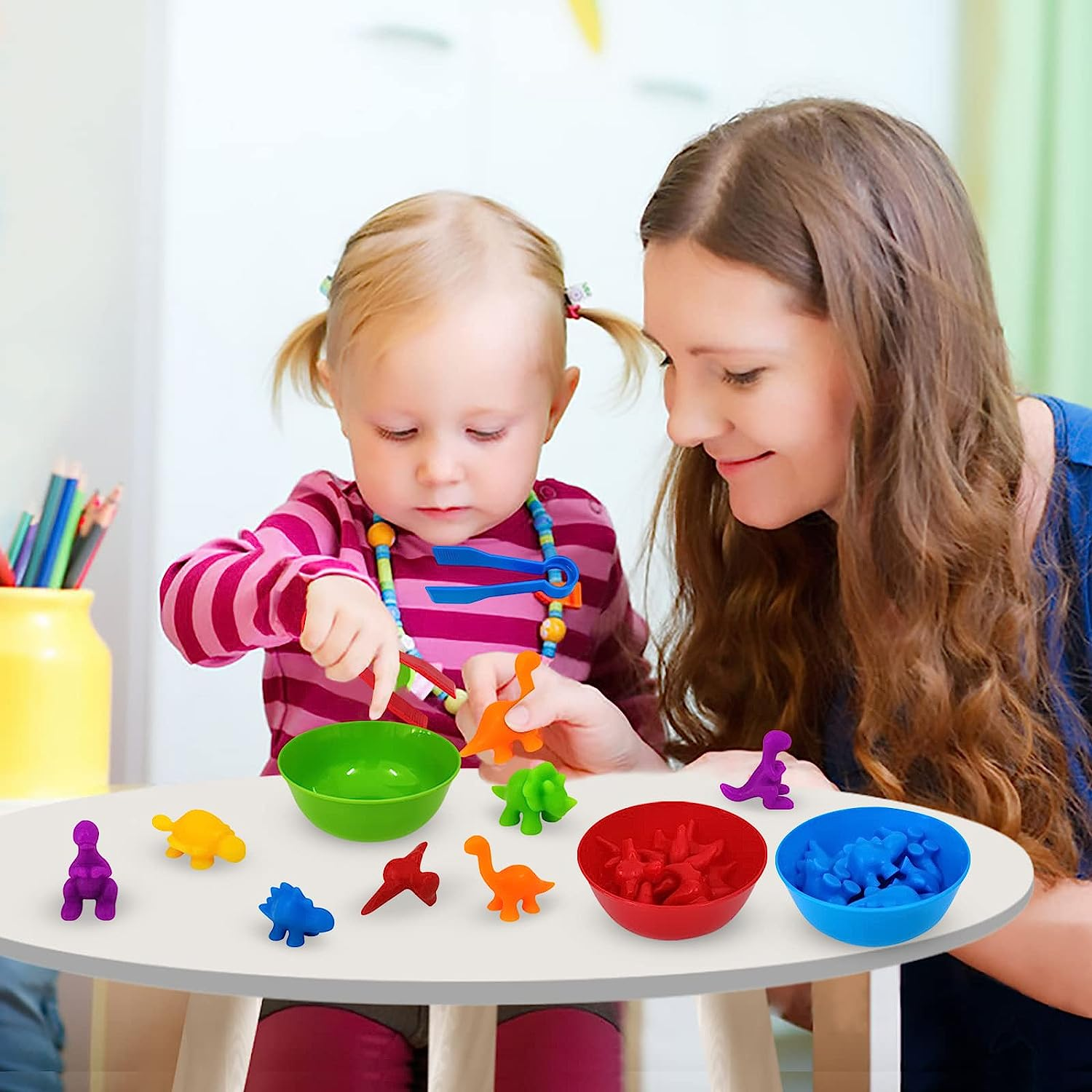 Rainbow Dinosaur Sorting Toy, YEESON 56 Pcs Counting Dinosaurs Toys Set, Dinosaur Counting Matching Game for Kids with Sorting Bowls and Tweezers Suitable for Toddlers and Preschoolers image number 5