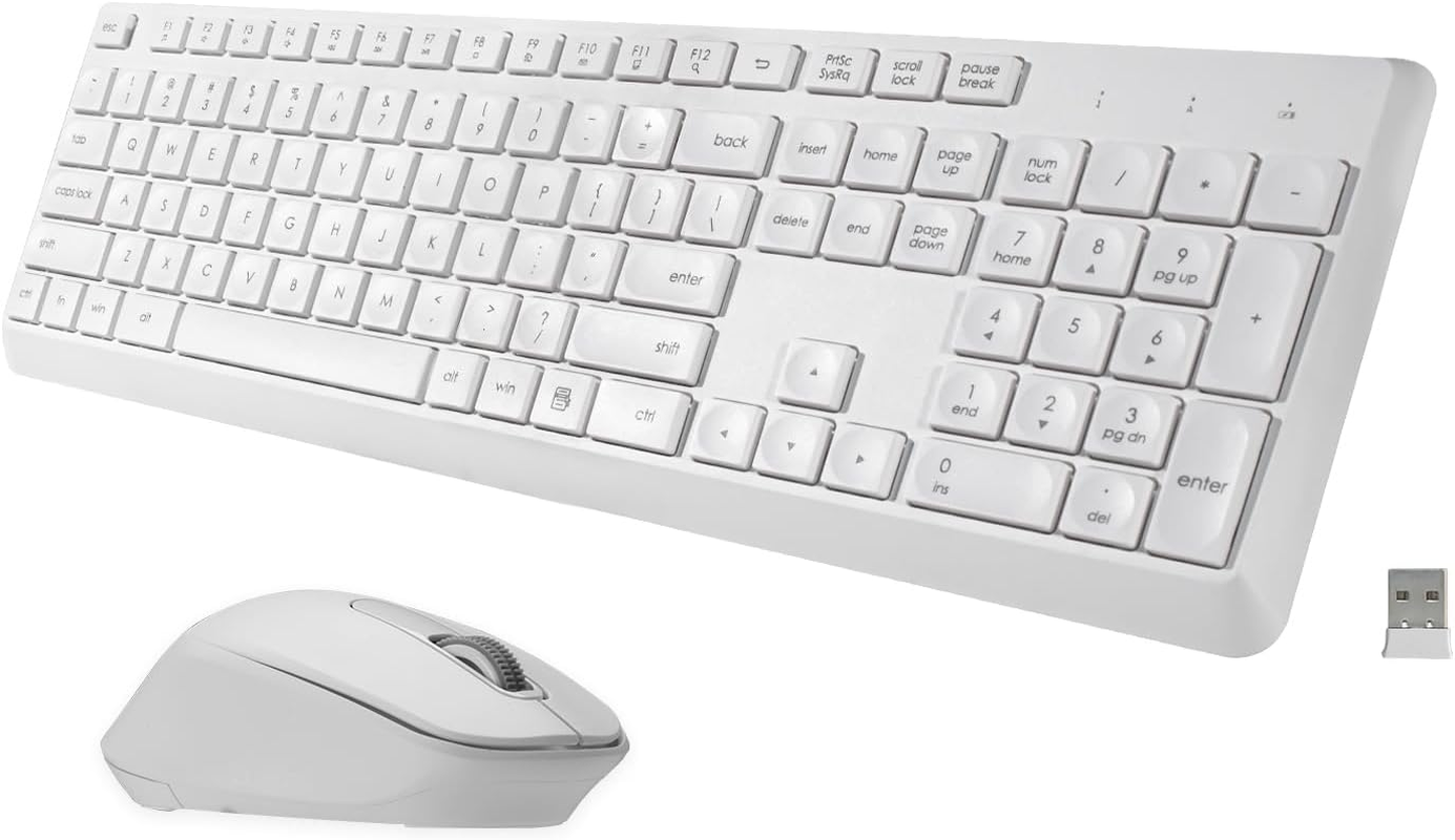HUO JI Wireless Keyboard and Mouse Combo for Windows Mac, Quiet and Soft, 2.4G Full-Size Computer Keyboard and Ergonomic Wireless Mouse, Long Battery Life 12 Months Battery, White