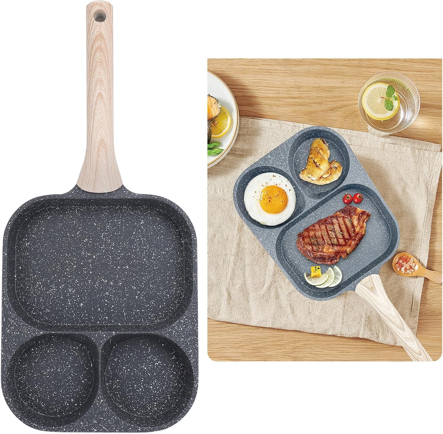 Multi Fuctional Pancake Pan - Stick Proof Egg Frying Pan & Steak Pan 2-In-1 with 2 Omelette Area + 1 Steak Section & Heat Resistant Handle for Breakfast (Double Bottom) - Double Bottom image number 5