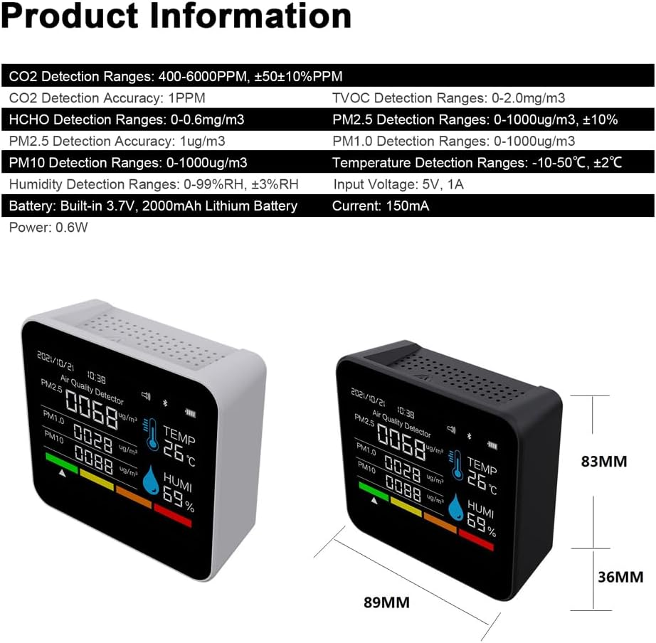Nurdo 9 in 1 BT Air Quality Monitor CO2 Meter Carbon Dioxide Detector Time/Date CO2 TVOC HCHO PM2.5 PM1.0 PM10 Temperature Humidity Detection Support APP Control with Alarm Function image number 4