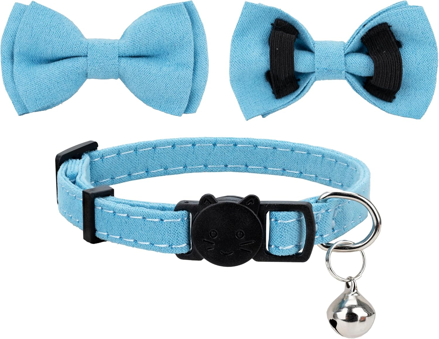 Gyapet Cat Collar Breakaway with Bell Boy Girl Kitten Bow Tie Safety Plaid Solid Color Set Cute Soft Summer [2Pcs] Blue image number 6