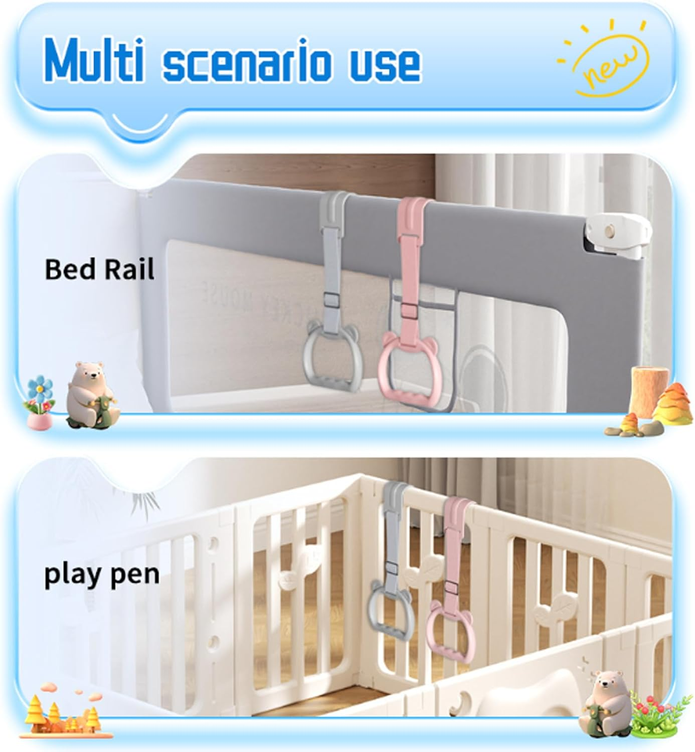 Yeanifeana 2 PCS Adjustable Pull up Rings, Standing Training Tool for Exercise, Ideal for Bed Rail, Daycare Play, Walking Practice Support (Gray) - Pink image number 7