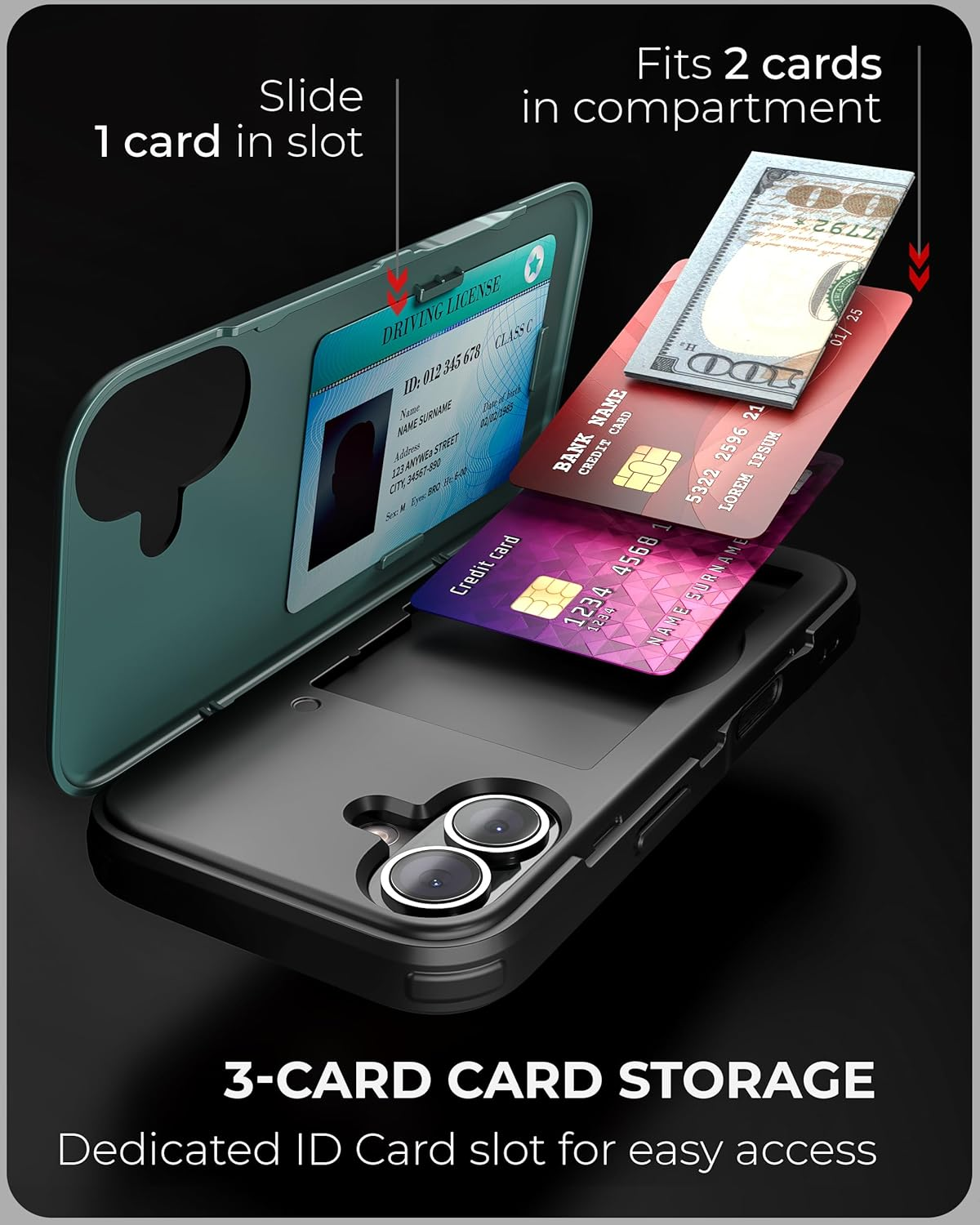 TORU for Iphone 16 Wallet Case with Card Holder, Hidden ID Credit Card Slot Flip Kickstand, Slim Fit Shockproof Heavy Duty Phone Cover with Strap - Green