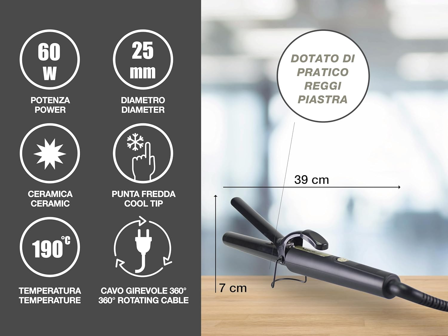 BEPER P301PIS002 25Mm Ceramic Curling Iron for Soft Curls and Perfect Waves, Fast Heat up to 190&deg;C, 360&deg; Rotating Cable, Cold Tip image number 5