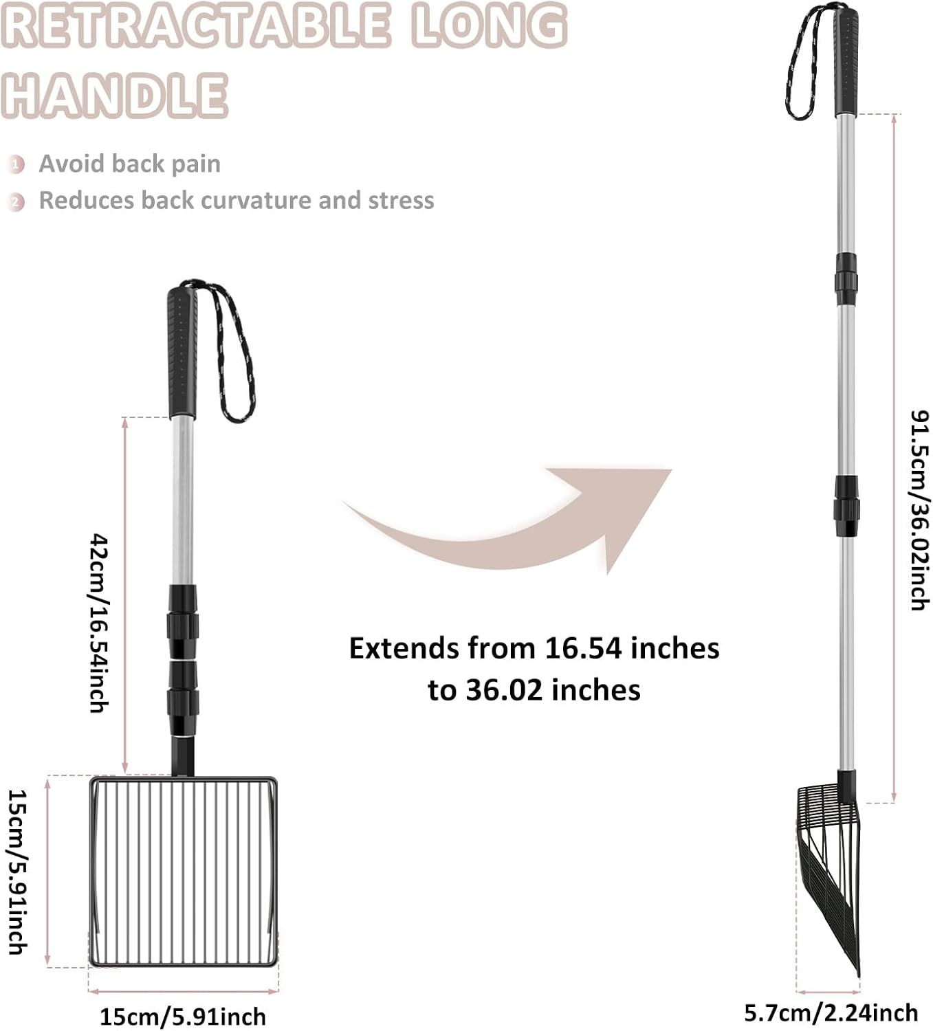 2Pcs Extendable Cat Litter Scoop, Metal Litter Scooper with Deep Shovel, Cat Litter Scooper Nonstick Cat Litter Sifter with Plating Layer for Cats Chickens image number 5