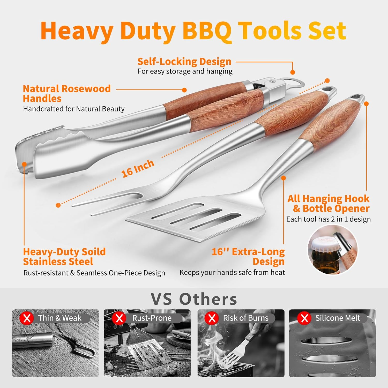 16 Inch Grilling Accessories Set, Heavy Duty Stainless Steel Grill Tools Set BBQ Accessories for Blackstone Griddle, Outdoor Grill with Spatula, Fork, & Tongs - Grilling Gifts for Men Women Father image number 6