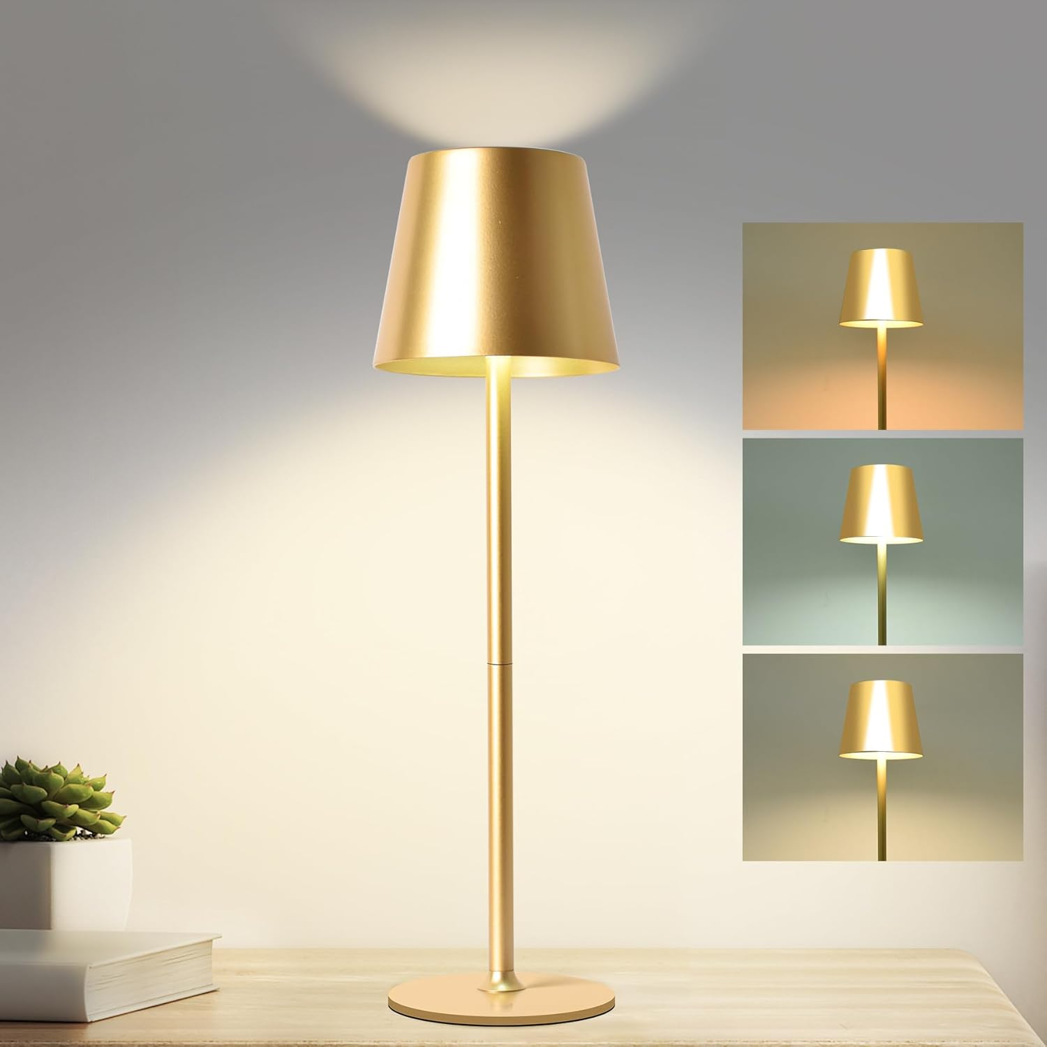 LED Table Lamp, Dimmable LED Battery Table Lamp Wireless, with 6000 Mah Battery, Rechargeable Table Lamp with USB, 3 Light Modes for Bedroom, Living Room, Dining Room, Bar, Gold, Large