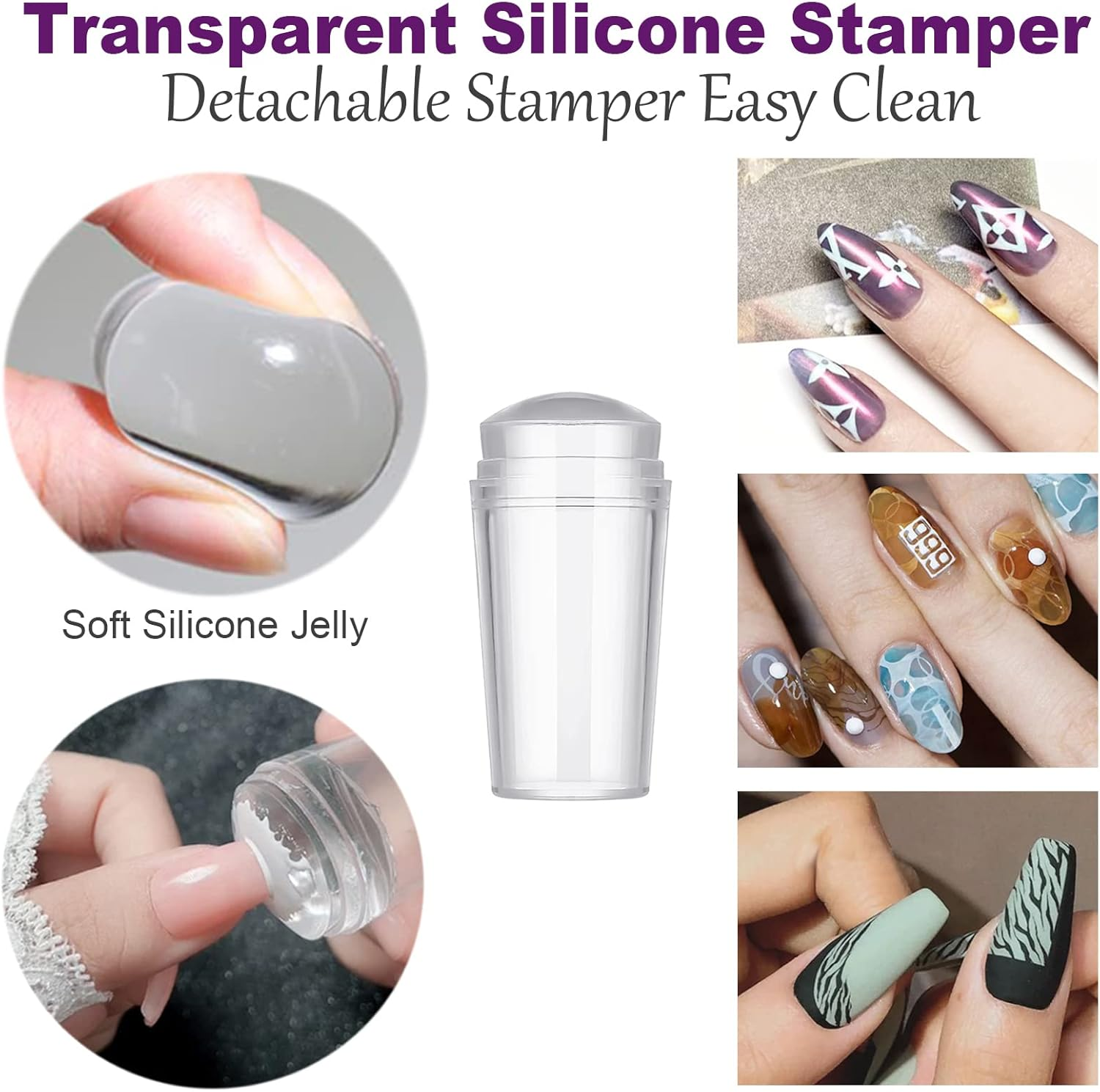 Nail Stamper Nail Art Brushes - French Tip Nail Stamp Clear Nail Art Stamper Jelly with Scraper, 3Pcs Nail Pen Brushes, Soft Silicone Stamper Printer DIY French Tip Nail Stamping (3Pcs) image number 1