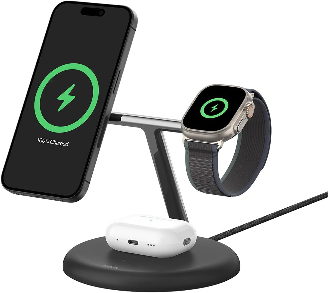 Belkin Boostcharge Pro 3-In-1 Wireless Charging Stand with Magnetic Qi2 15W, Fast Charging Iphone Charger Compatible with Iphone 15, 14, and 13 Series, Airpods, Apple Watch, & More - White