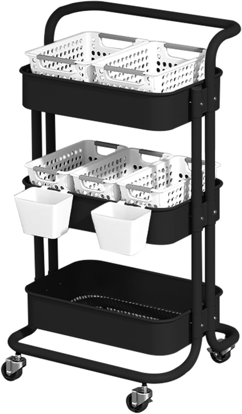 DAWNTREES Black 3 Tier Plastic Basket Trolley with Wheels, Multifunctional Metal Kitchen Storage Trolley, Mobile Storage Rack, Suitable for Office, Home, Kitchen, Garden image number 4