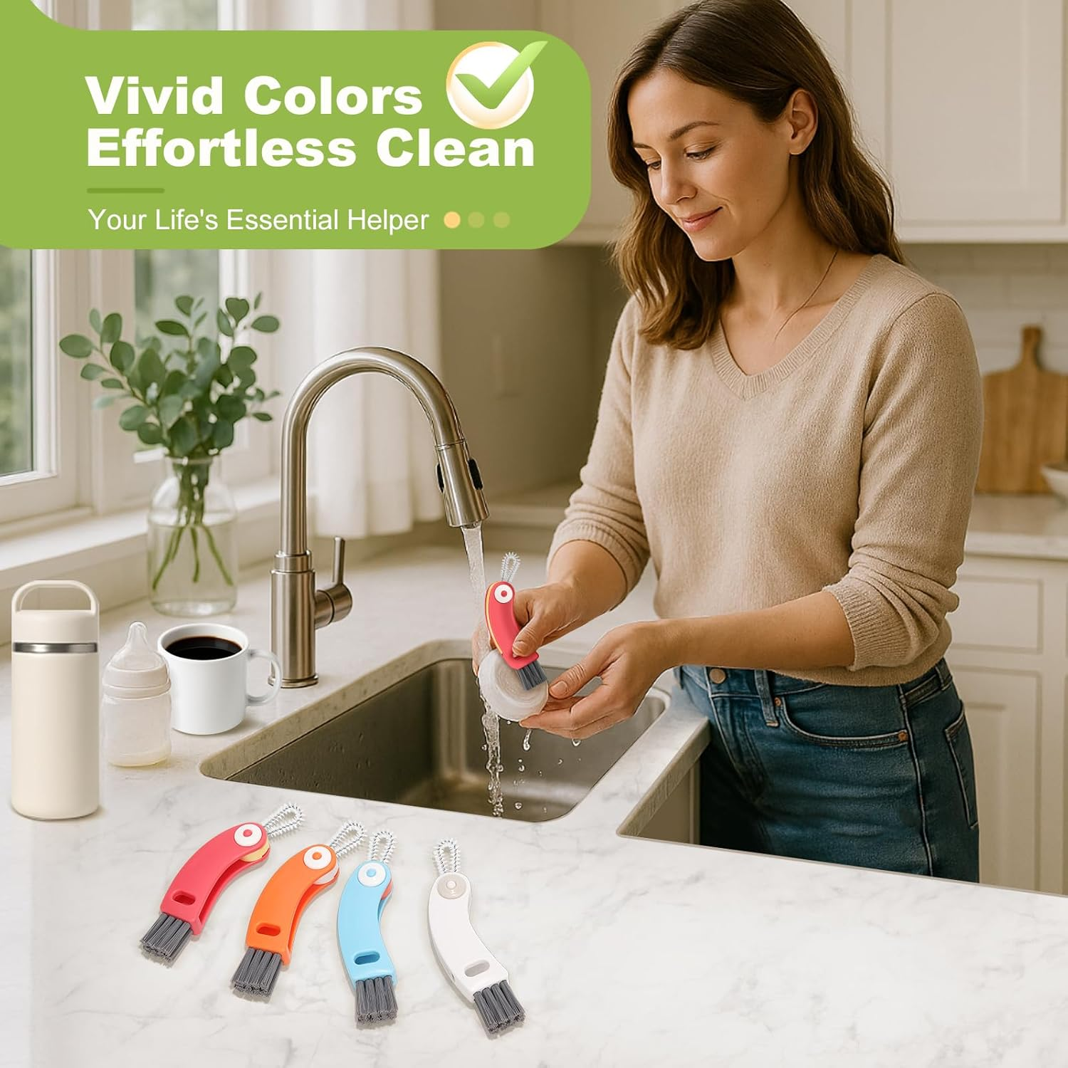 3 in 1 Cup Lid Cleaning Brush 4 Pack - Multifunctional Cleaning Brush Set for Tight Spaces, Bottle Gaps & Travel Mugs | Portable Durable Cup Lid Cleaner Tools with 4 Assorted Colors (Home Kitchen Use) image number 6