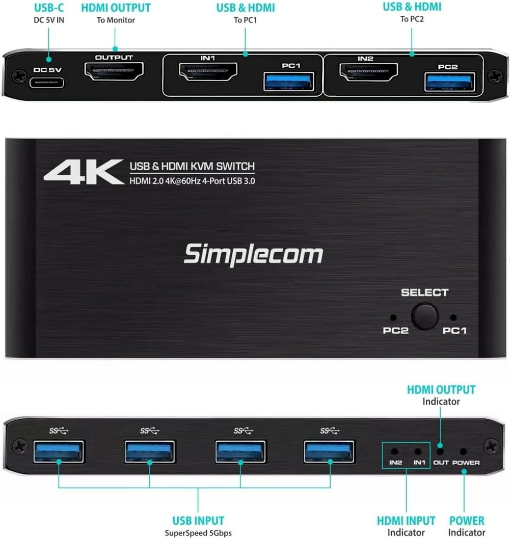 Simplecom KM420 2-Port HDMI KVM Switch HDMI 2.0 4K@60Hz 4-Port USB 3.0 Hub 5Gbps image number 2