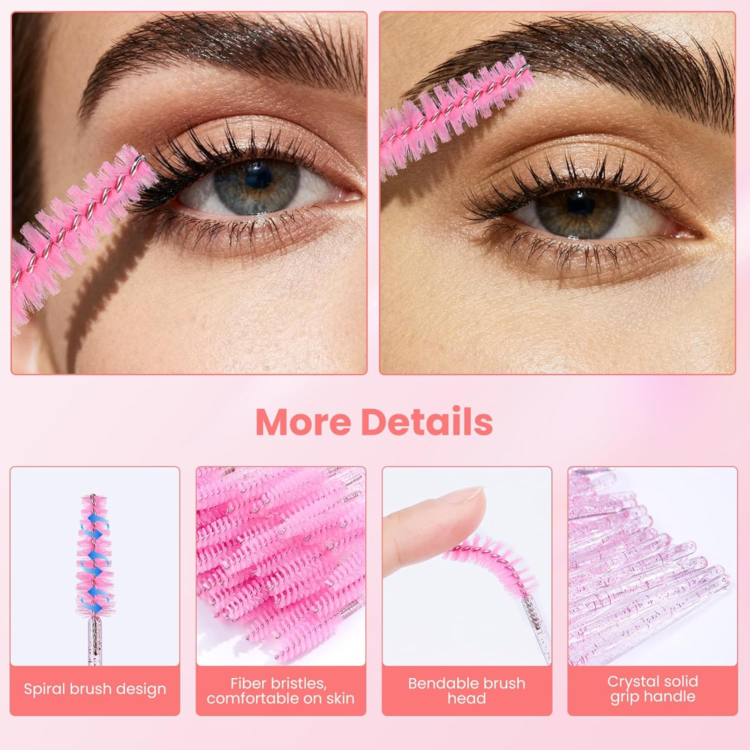 300PCS Disposable Eyelash Brushes - Crystal Mascara Wands - Eyelash Spoolies & Eyebrow Brushes - Makeup Applicators for Lash & Brow Grooming - Castor Oil Application - Cosmetic Tools (Pink) image number 5