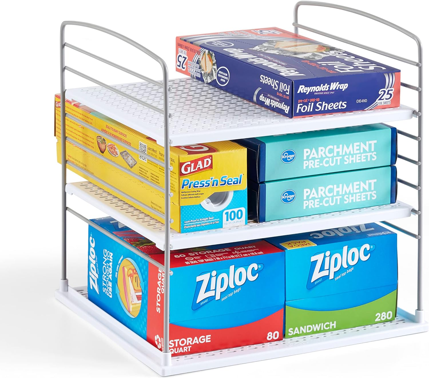 Youcopia Upspace Cabinet Box Organizer, Adjustable Kitchen and Pantry Shelf for Plastic Wrap and Foil Storage, Large