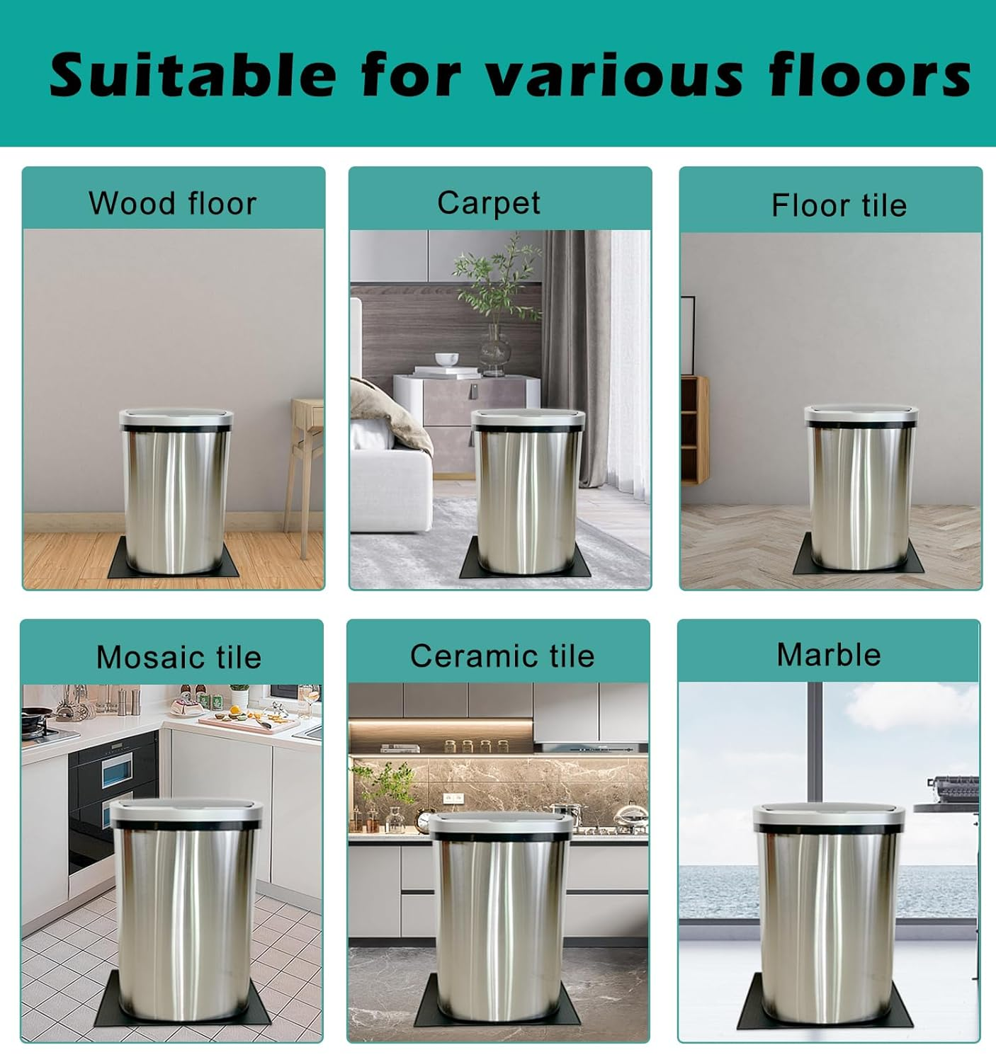 Luccov Trash Can Mat, Waterproof Raised Edge Silicone under Garbage Can Mat, 11.8" X18.9" Non-Slip Trash Can Pad for Kitchen Office Bedroom Reduce Floor Carpet Wall Scratches, Black image number 5