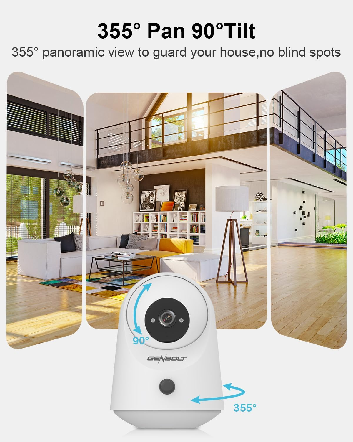 GENBOLT 2K Wifi Indoor House Security Camera Wireless, Pan Tilt Pet Camera Surveillance with 5000Mah Battery Powered, IP Camera CCTV Nanny Dog Cam Baby Monitor with PIR Detection image number 4