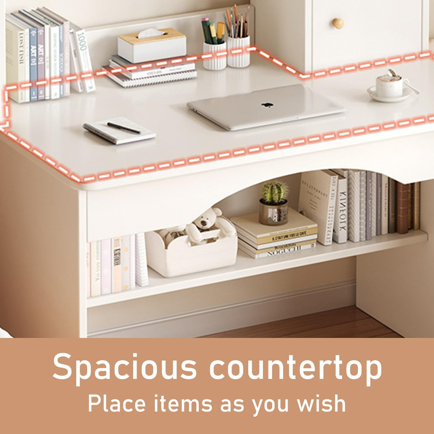 Uandhome Computer Desk, Large Standing Desk, Easy-To-Assemble Study Desk for Home, Bedroom, Office Durable Wood Table,Storage Shelves Ideal for Gaming Working and Learning(100X48X120Cm) (White) image number 3