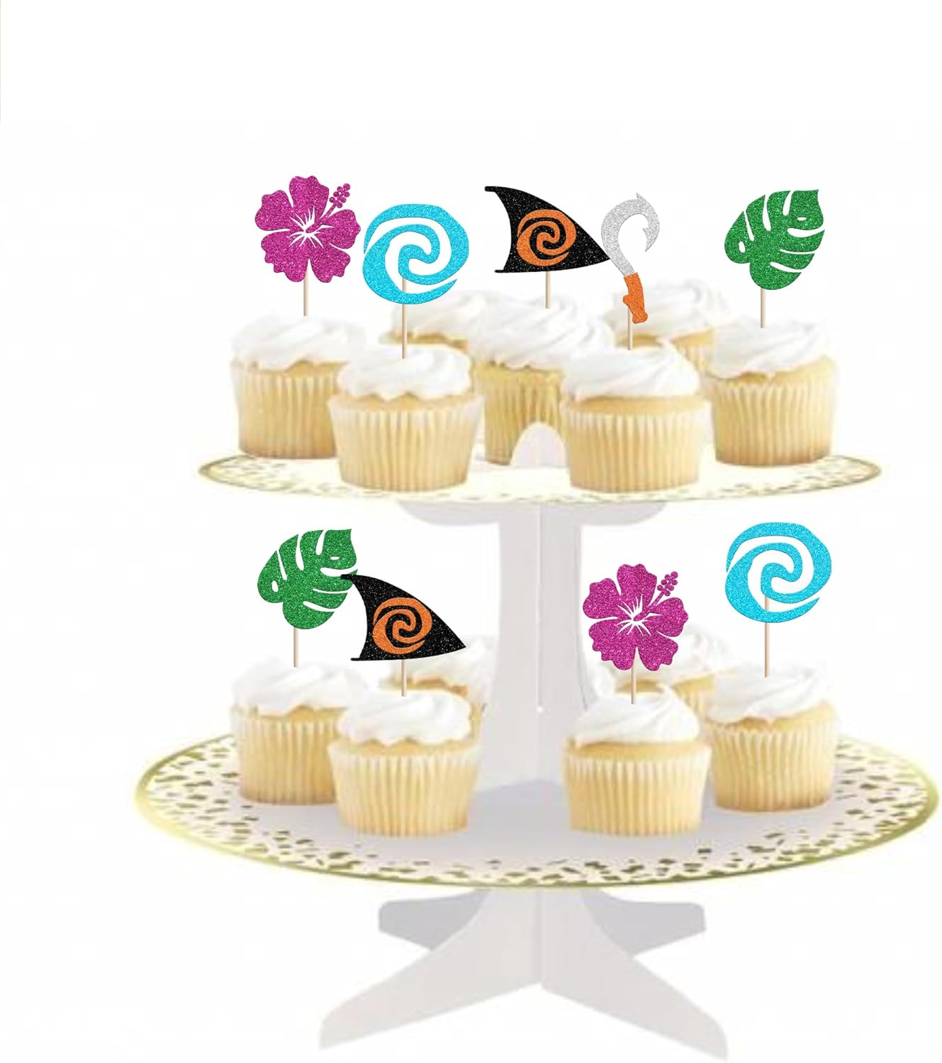 30 Pack Moana Cupcake Toppers Glitter Palm Monstera Leaf Flower Cupcake Picks for Tropical Hawaiian Luautheme Baby Shower Kids Birthday Party Cake Decorations Supplies (#1) - 2 image number 4