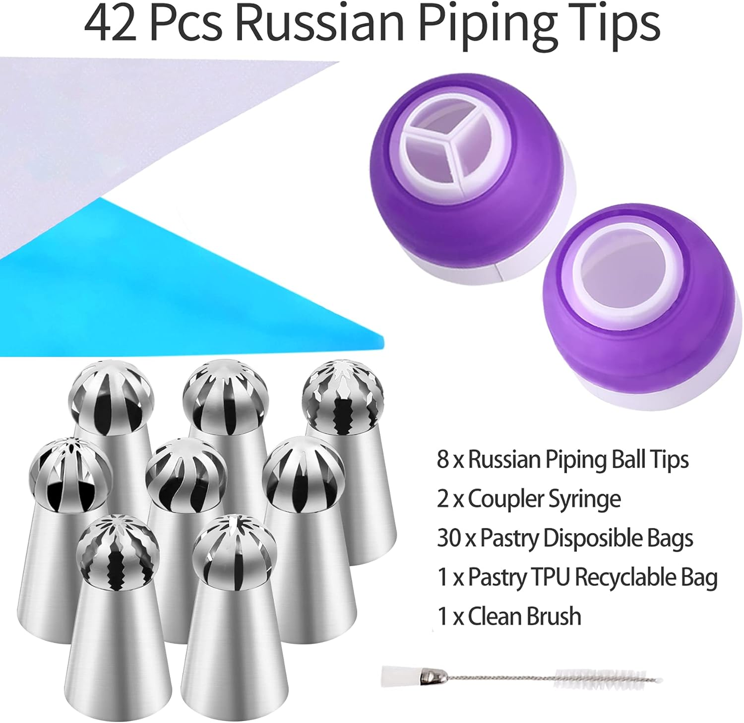 42 Pcs Russian Piping Tips Set, 8 Nozzles Flower Frosting Icing Tips Russian Ball Piping Tips for Cake Decorating Kit, 2 Couplers 30 Pastry Baking Bags 1 Cleaning Brush, 1 Reusable Silicone Bag - Metallics image number 2