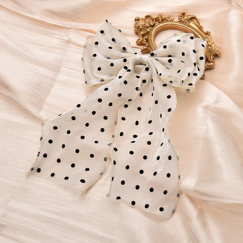 Hair Bow Clips for Women Girls French Barrette Hair Bows Polka Dot Hair Bow Tassel Ribbon Bowknot Hair Clips with Long Tail Vintage Hair Accessories for Women Mesh Bow Hair Clip image number 5