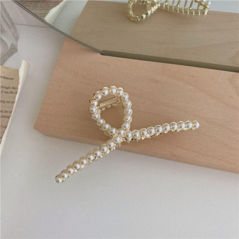 2 Pcs Matte Gold Pearl Gold Large Metal Hair Claw for Women with Pearls Non-Slip Hair Clips Thick Hair Threaded Gold Claw Clips Shining Strong Crab Claws Cross Hair Barrettes Hair Clips image number 3