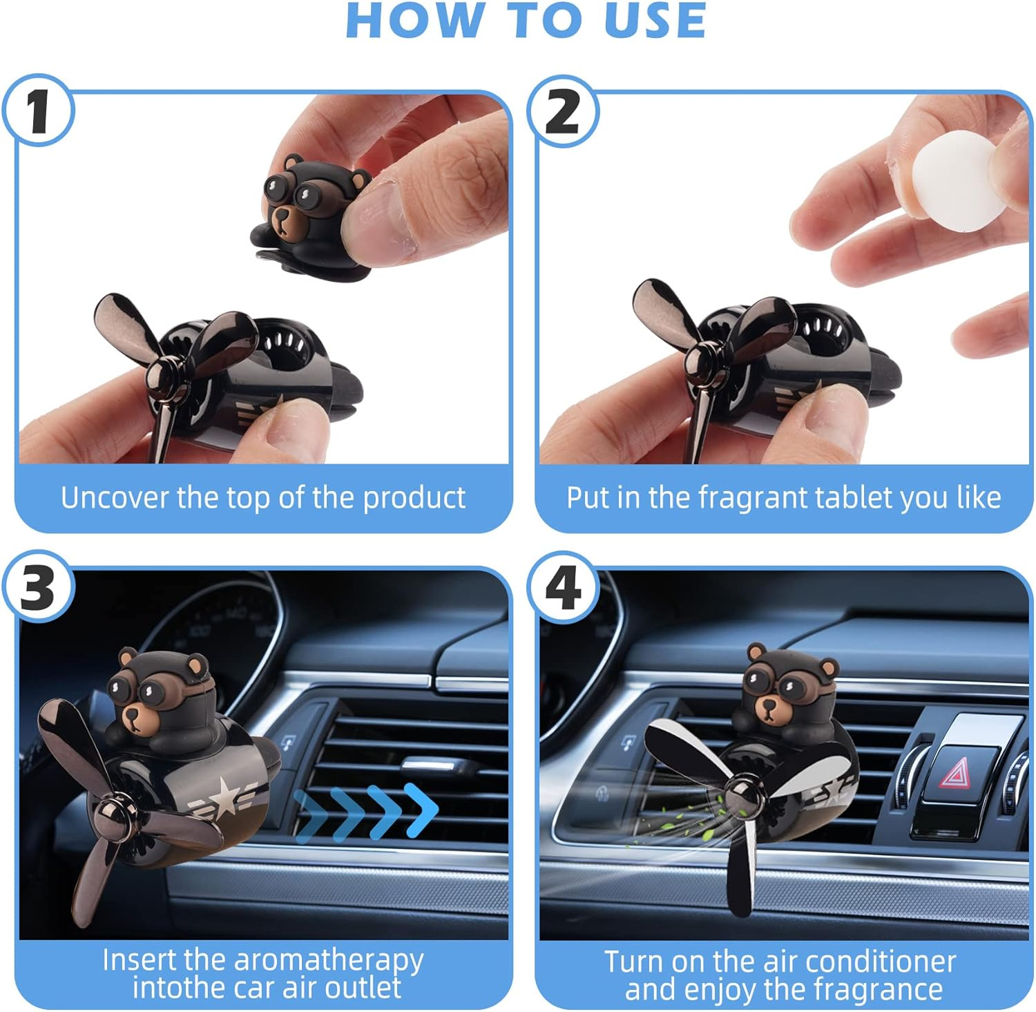 Jimtyee Car Air Freshener Cute Cartoon Bear Pilot Car Diffuser Rotating Propeller Automotive Air Outlet Fan Creative Car Perfume Decoration Cool Car Accessories - 10 Packs-Jasmine image number 6