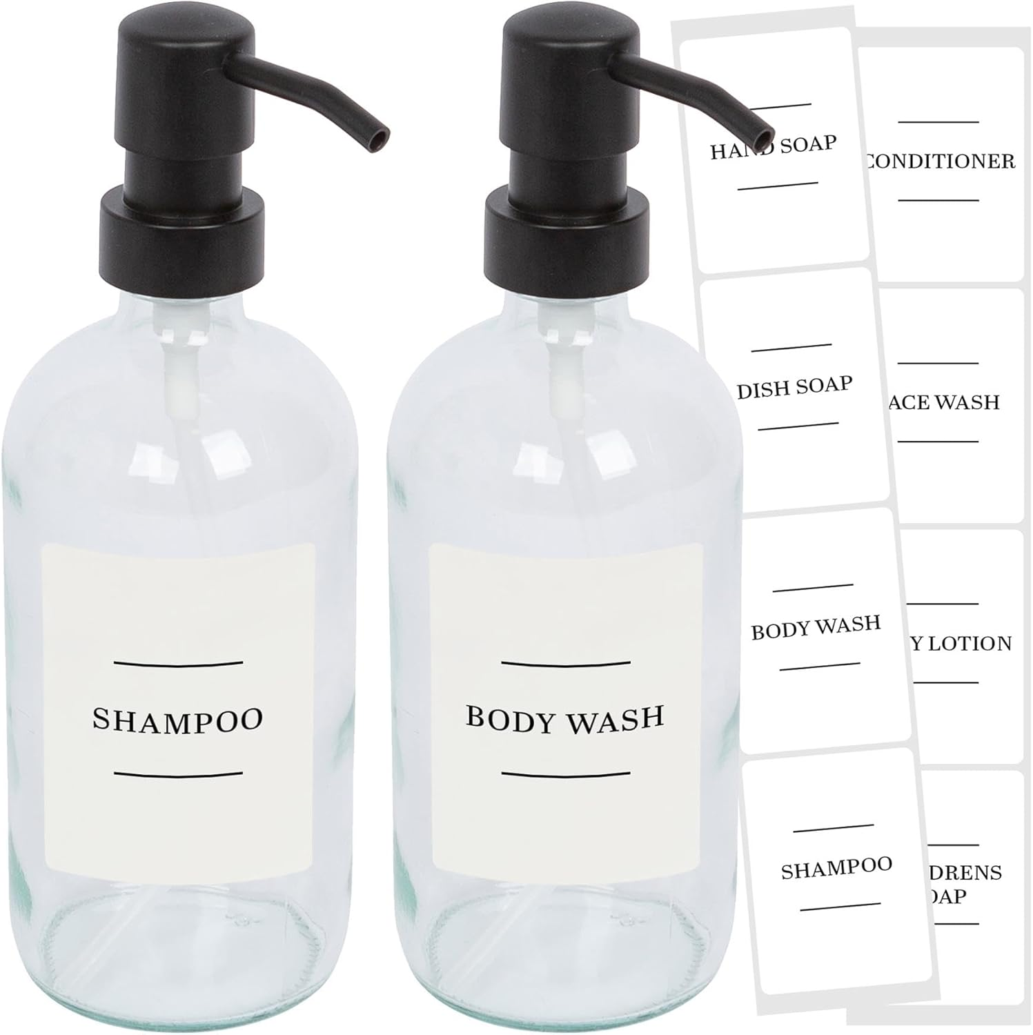 Harbour Housewares Glass Soap Dispensers with Labels - Amber/White - 2 Pack - 500Ml Refillable Soap Dispensers Hand and Dish Liquid Pump for Bathroom, Kitchen, Laundry Room