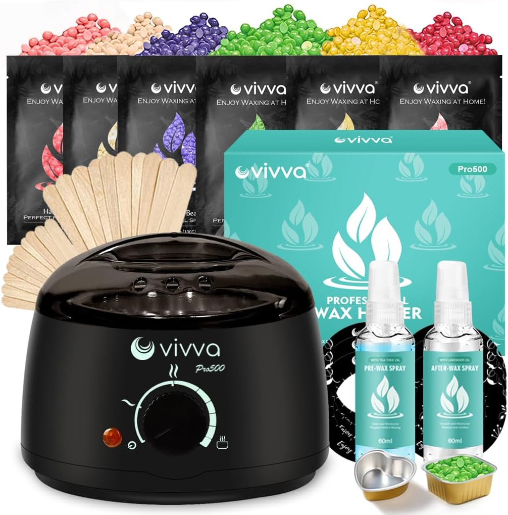 Vivva Waxing Kit, Wax Warmer Hair Removal Adjustable Temperature with 600G Hard Wax Beans and 20 Pcs Wooden Applicator Sticks Painless for Legs, Face, Underarm, Bikini (Black Kits) - Basic Set: Black  300G Lavender image number 5