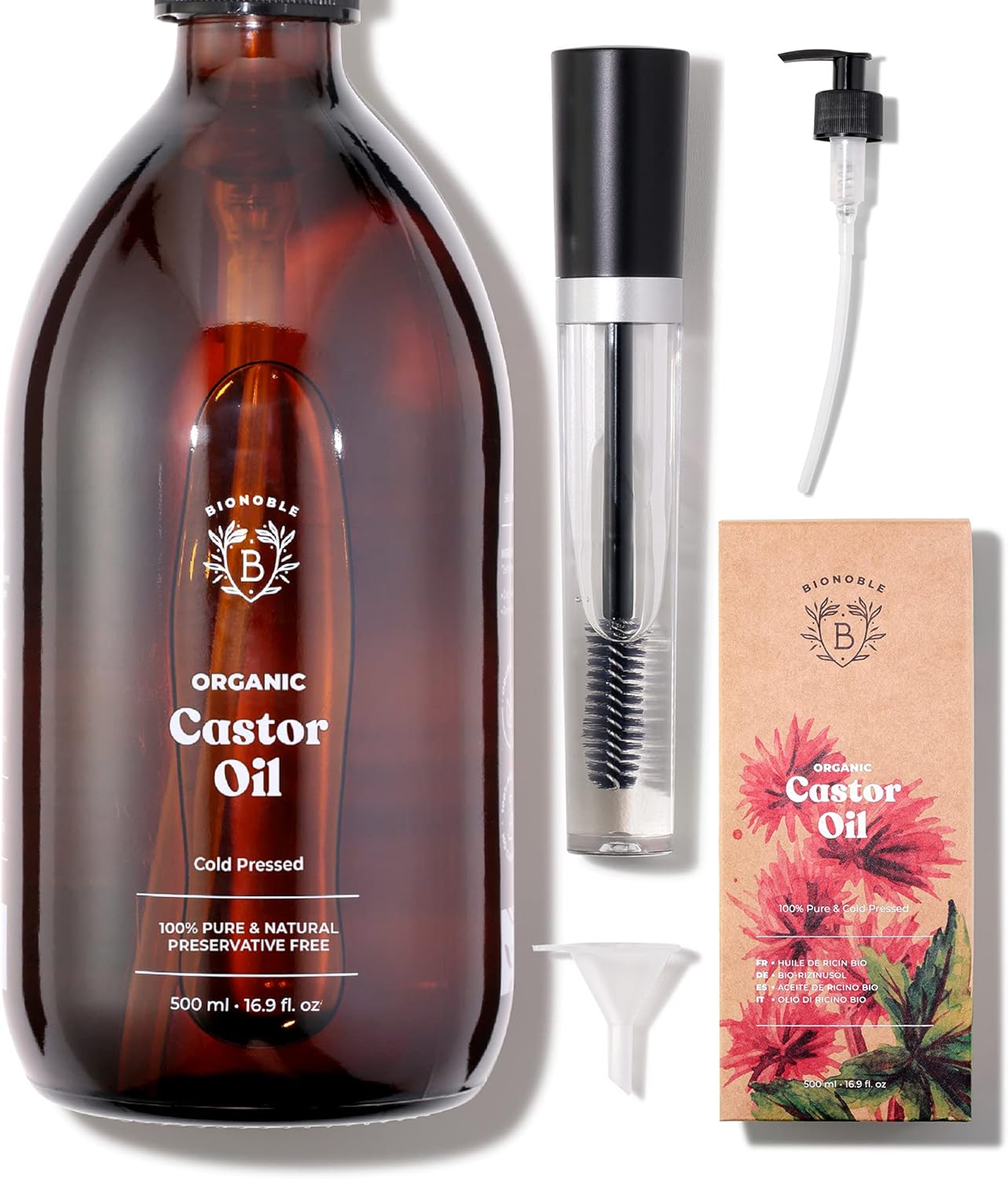 Bionoble Castor Oil Organic 500 Ml - 100% Pure, Natural, Cold Pressed - Eyelashes, Eyebrows, Hair, Beard, Nails - Vegan, Cruelty Free - Castor Oil - Glass Bottle + Pump + Mascara Kit image number 4