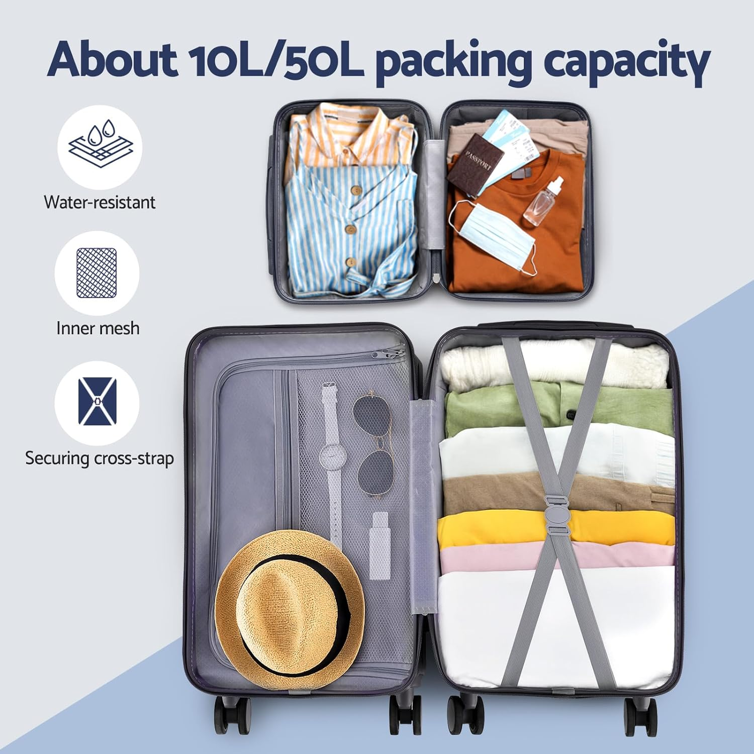 Wanderlite 2Pcs Trunk Luggage Set, 20&rsquo;&rsquo; Suitcase with Larger Capacity, Carry on Luggage with Phone Holder & Hook, TSA Lock, Lightweight Hardshell, Navy image number 1