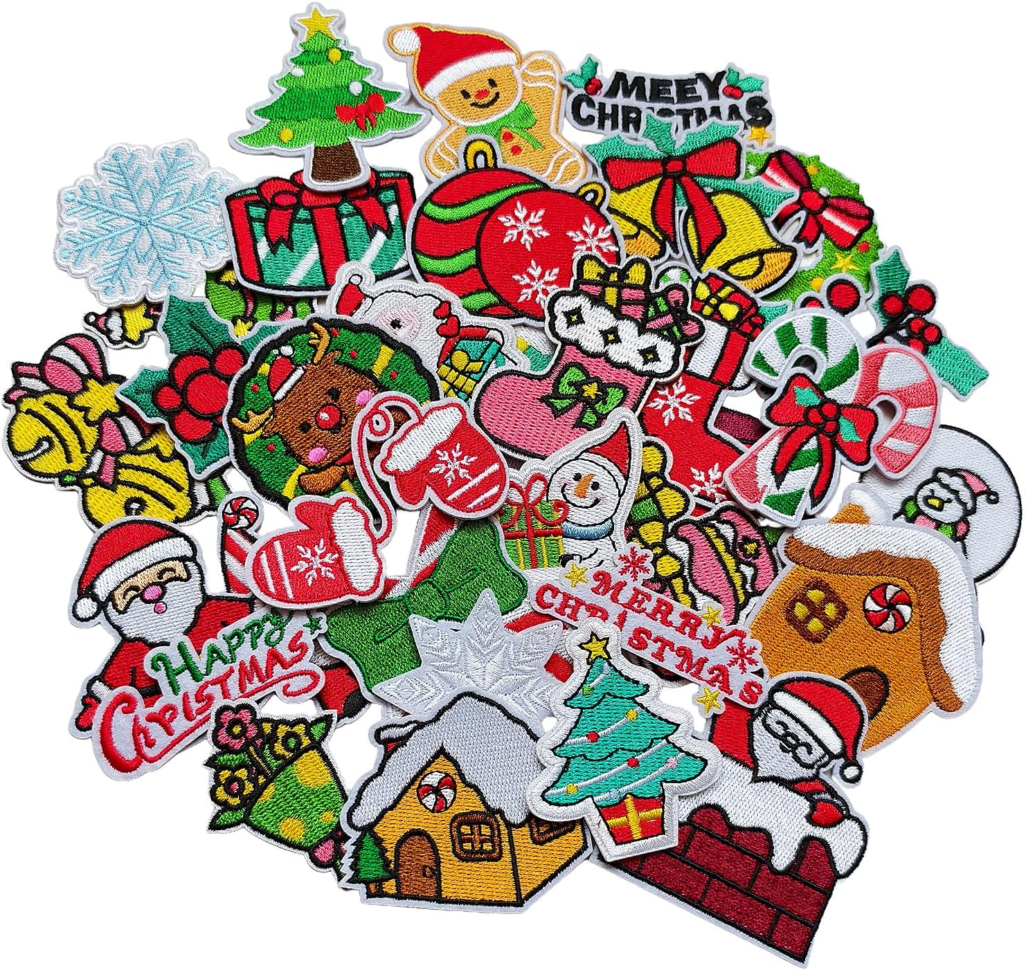 35Pcs Christmas Iron on Patches, Santa Snowman Christmas Tree Embroidered Appliques Patches for Clothes Hats Decoration and DIY Gifts