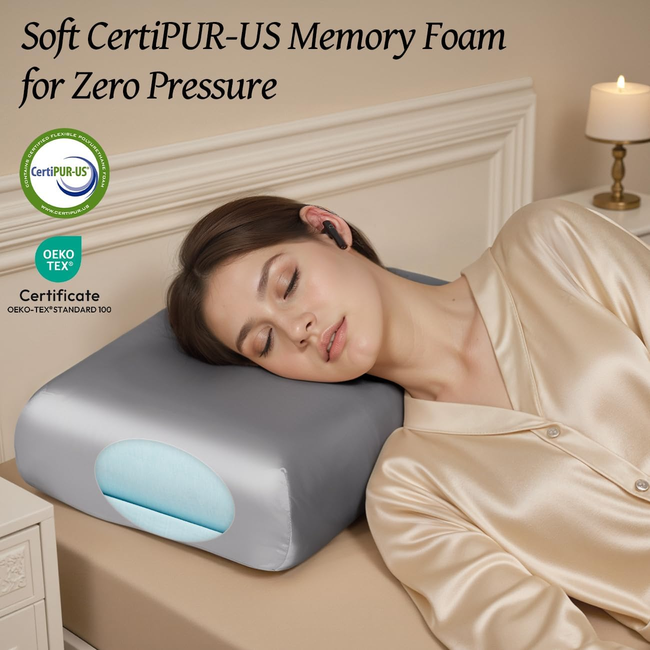 Uslixury Piercing Pillow - Ear Piercing Pillow with Foam Plug, 18X12 Large Donut Plilow with 4.7X3.2 off Center Ear Hole, Adjustable Peircing Plilow for Side Sleeper, Certipur-Us Memory Foam, Grey image number 6