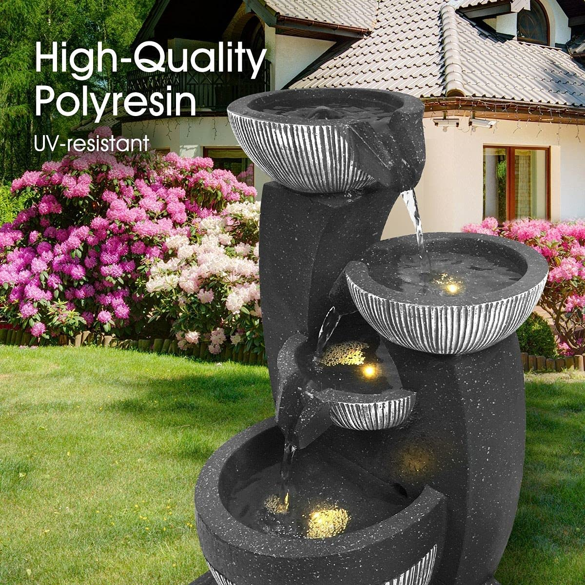 4-Tier Solar Water Fountain Garden Features Outdoor Indoor Bird Bath with LED Light Grey image number 3