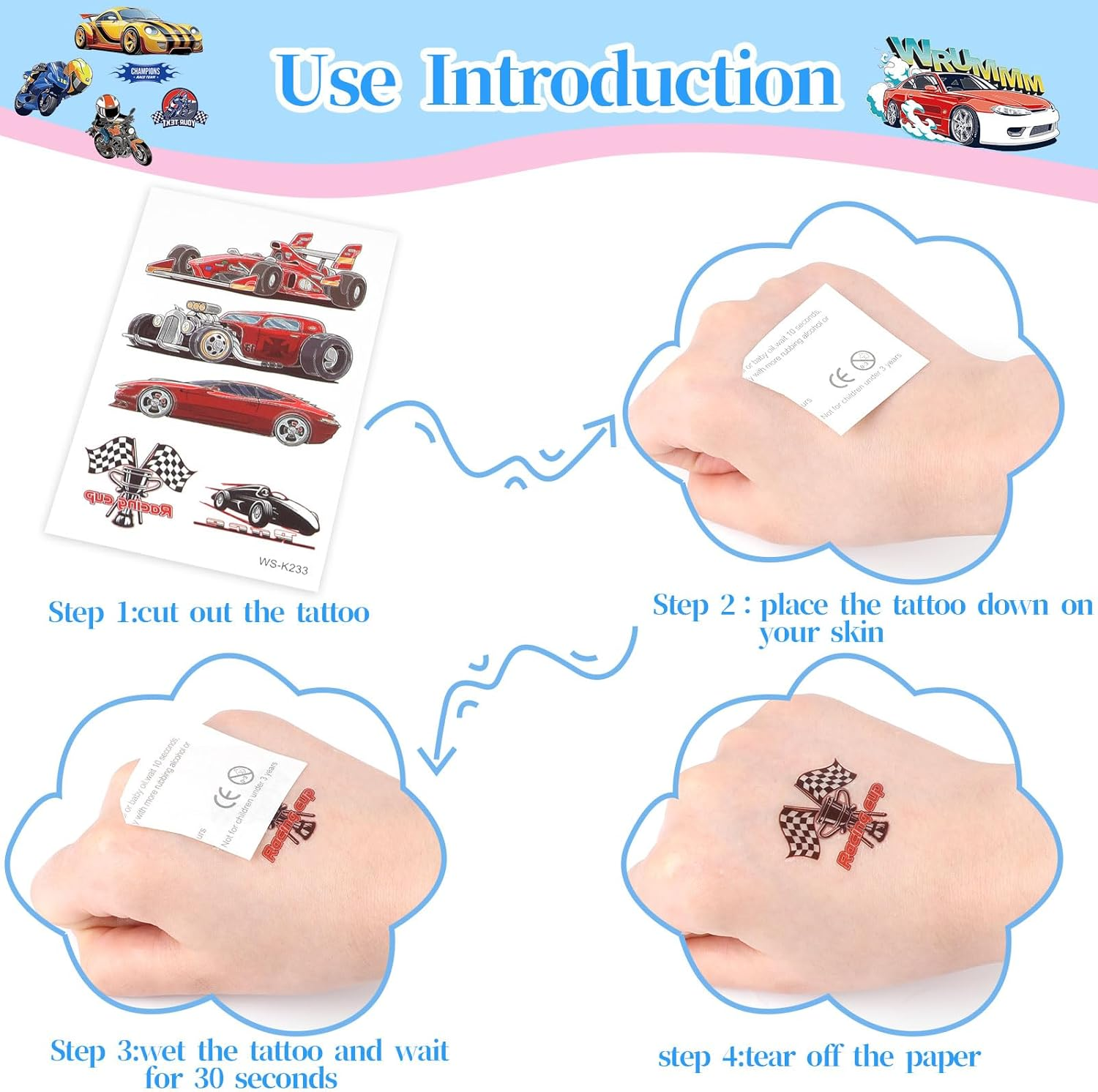 CCINEE 12 Sheets Monster Truck Temporary Tattoos for Kids,93 Pcs Luminous Groovy Racing Car Trophy Wheel Checkered Flag Tattoo Stickers for Birthday Party Supplies Classroom Rewards image number 4