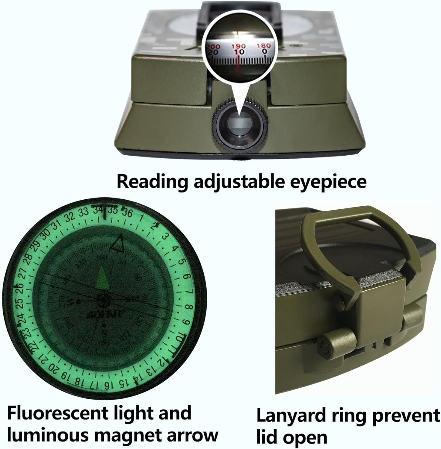 AOFAR Military Compass,Af-4580 Lensatic Sighting, Waterproof and Shakeproof with Map Measurer Distance Calculator, Pouch for Camping, Hiking image number 3