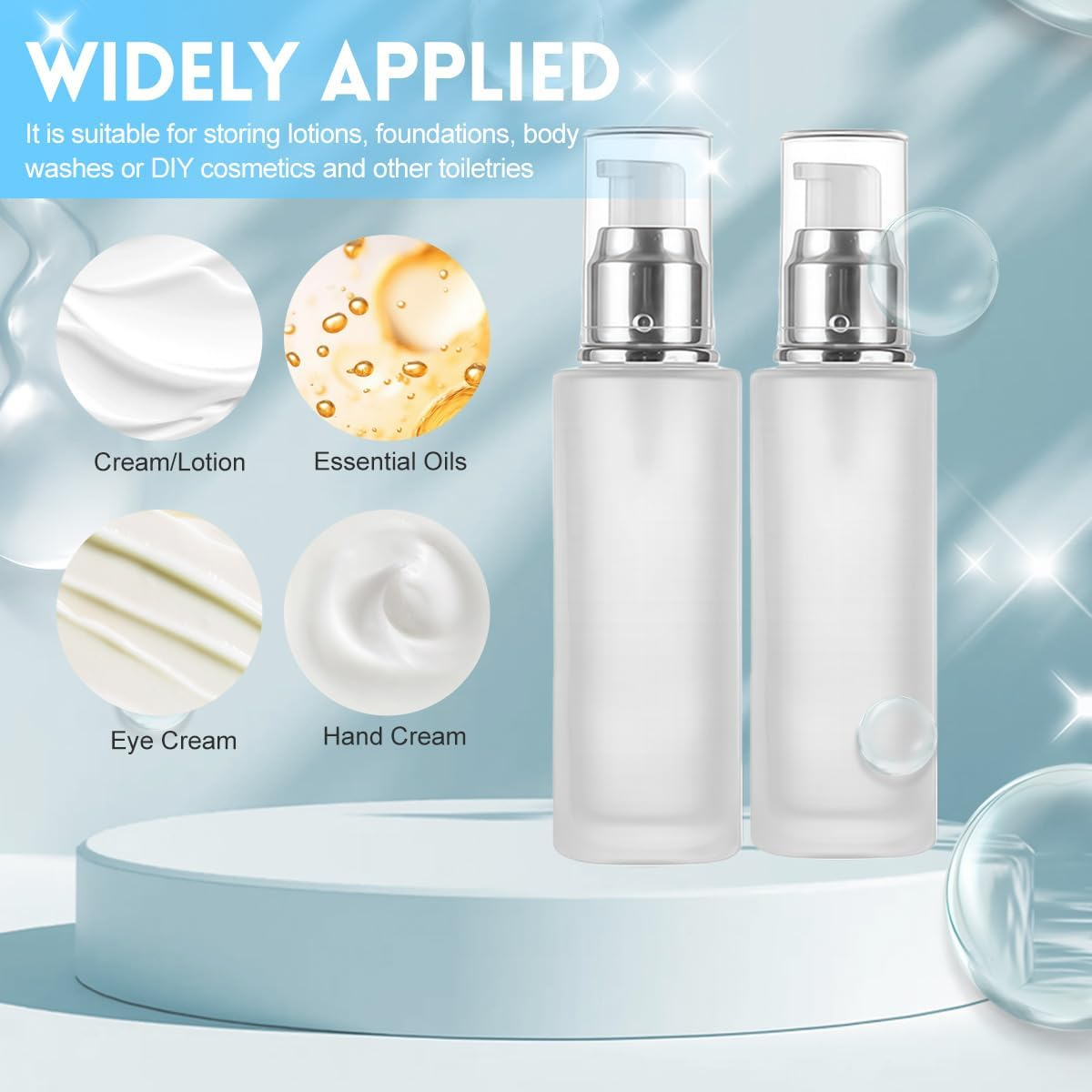 2Pcs 120Ml/4Oz Empty Clear Frosted Glass Lotion Pump Dispenser Bottle Refillable Cosmetic Cream Container Travel Toiletries Pump Dispenser Vials for Cream Emulsion Essencial Oil image number 1