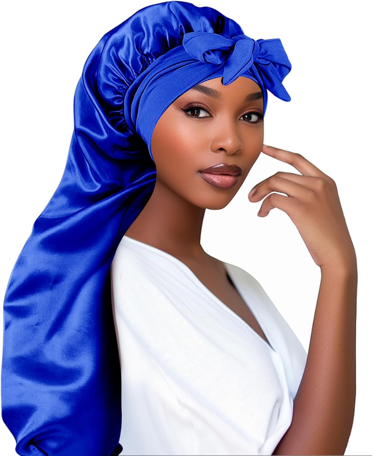 Extra Long Satin Bonnet for Women, Adjustable Braid Bonnet with Tie Band, Double Layer Elastic Silk Headwear, Black, One Size