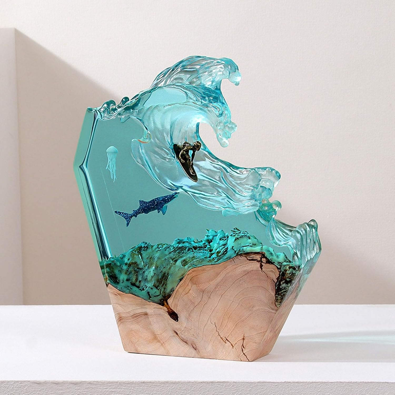 Jectse Ocean Surfing Night Light LED Resin Wood Handmade Bedside Table Lamp for Office Bedroom Decor, 6 Levels Brightness with USB Cable image number 3