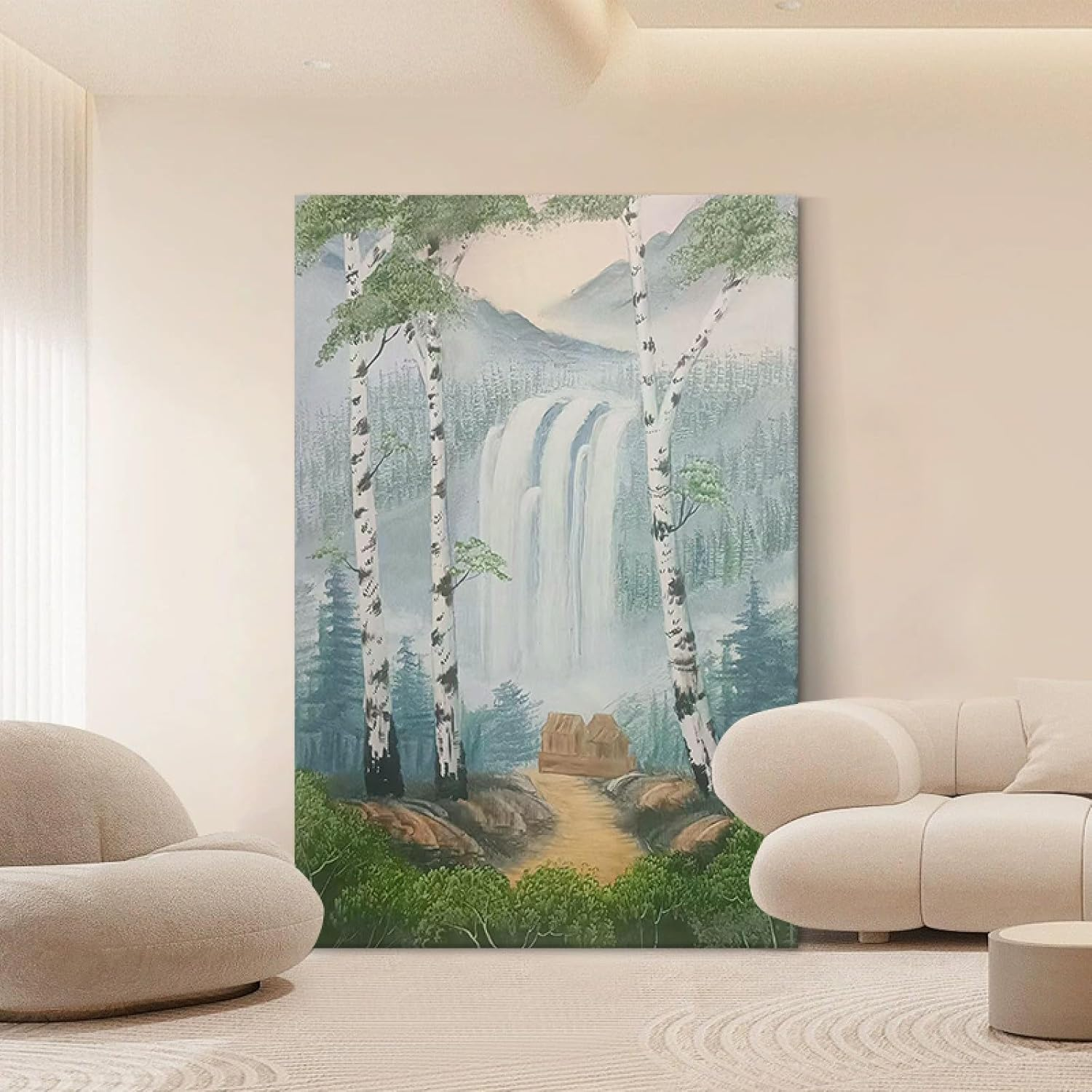 Hand-Painted Oil Painting - Abstract Waterfall Birch Tree Texture Light Luxury Painting Large Size Sofa Hanging Painting,On Canvas Wall Art for Living Room Bedroom Home Stairway Decor,As Shown,80 X