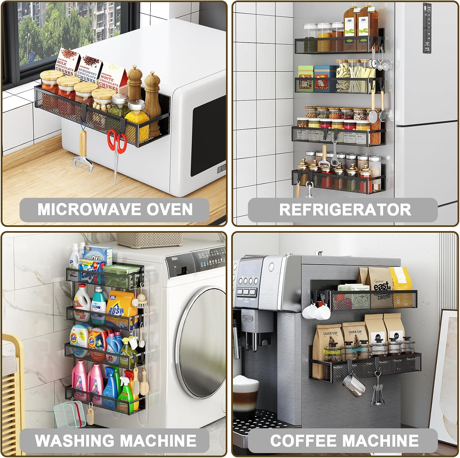 Aufworld Magnetic Spice Rack for Refrigerator, 4 Pack Magnetic Shelf, Fridge Magnet Organizer with Moveable 8 Hooks, Magnetic Fridge Shelf for Kitchen Organization and Storage (4 Pack) image number 3