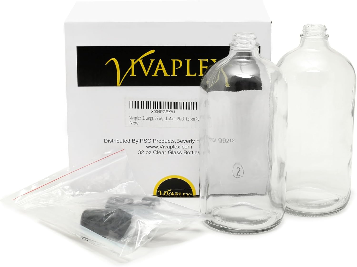 Vivaplex, 2, Large, 32 Oz, Empty, Clear Glass Bottles with Stainless Steel, Matte Black, Lotion Pumps image number 3