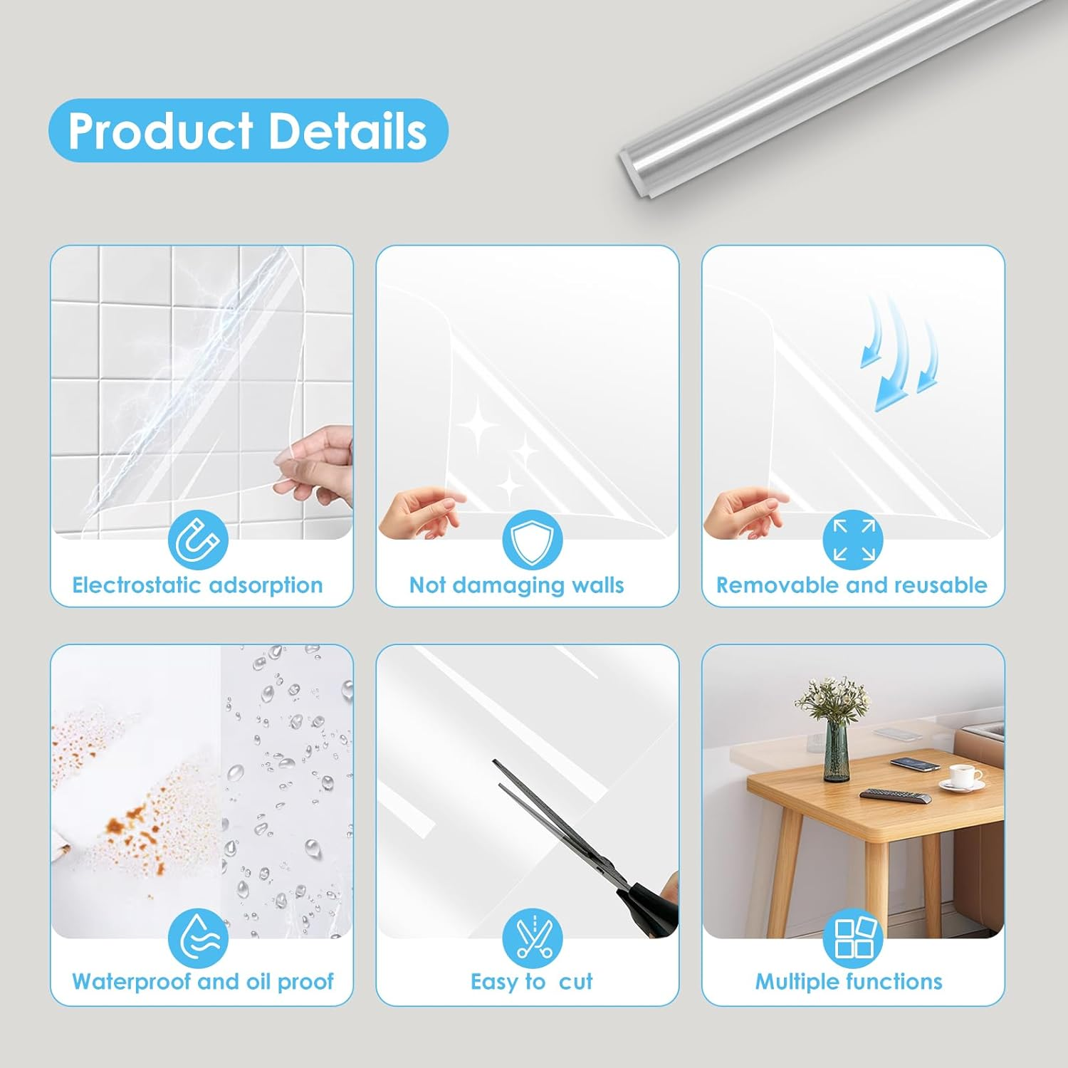 Electrostatic Wall Protective Film, Clear Wall Protector Film, Self-Adhesive Contact Paper, Removable Transparent Static Cling Films for Kitchen Backsplash, Walls (15.75" X 196") image number 2