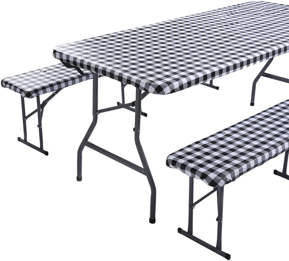 6Ft Picnic Table and Bench Cover,72In Waterproof Windproof Outdoor Elastic All around Tablecloth,Camping Essentials RV Gear,Black-White Checkered image number 2