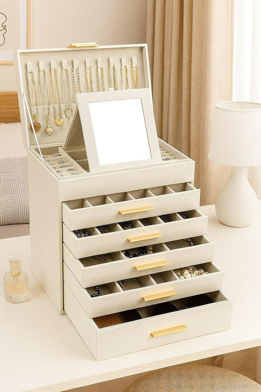 Large Jewelry Organizer Box for Women with Mirror &ndash; 6-Layer Storage Case with Drawers, Hooks & Dividers for Rings, Necklaces, Bracelets, Ideal for Women (White) image number 6
