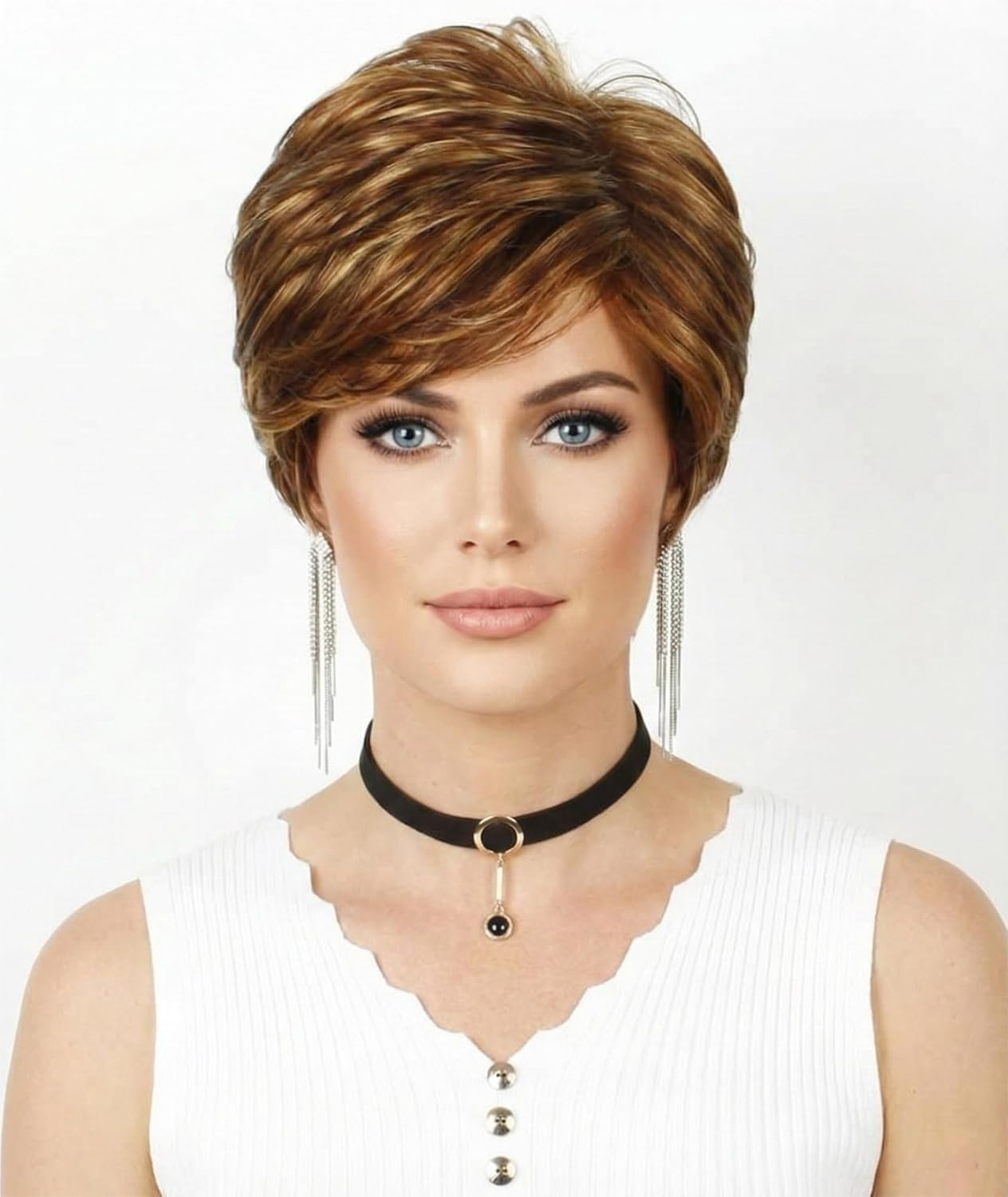 AIYLMZ Short Straight Blonde Women Bob Wigs Golden Pixie Cut Natural Looking Synthetic Wigs with Side Fringe for Women (Blonde)