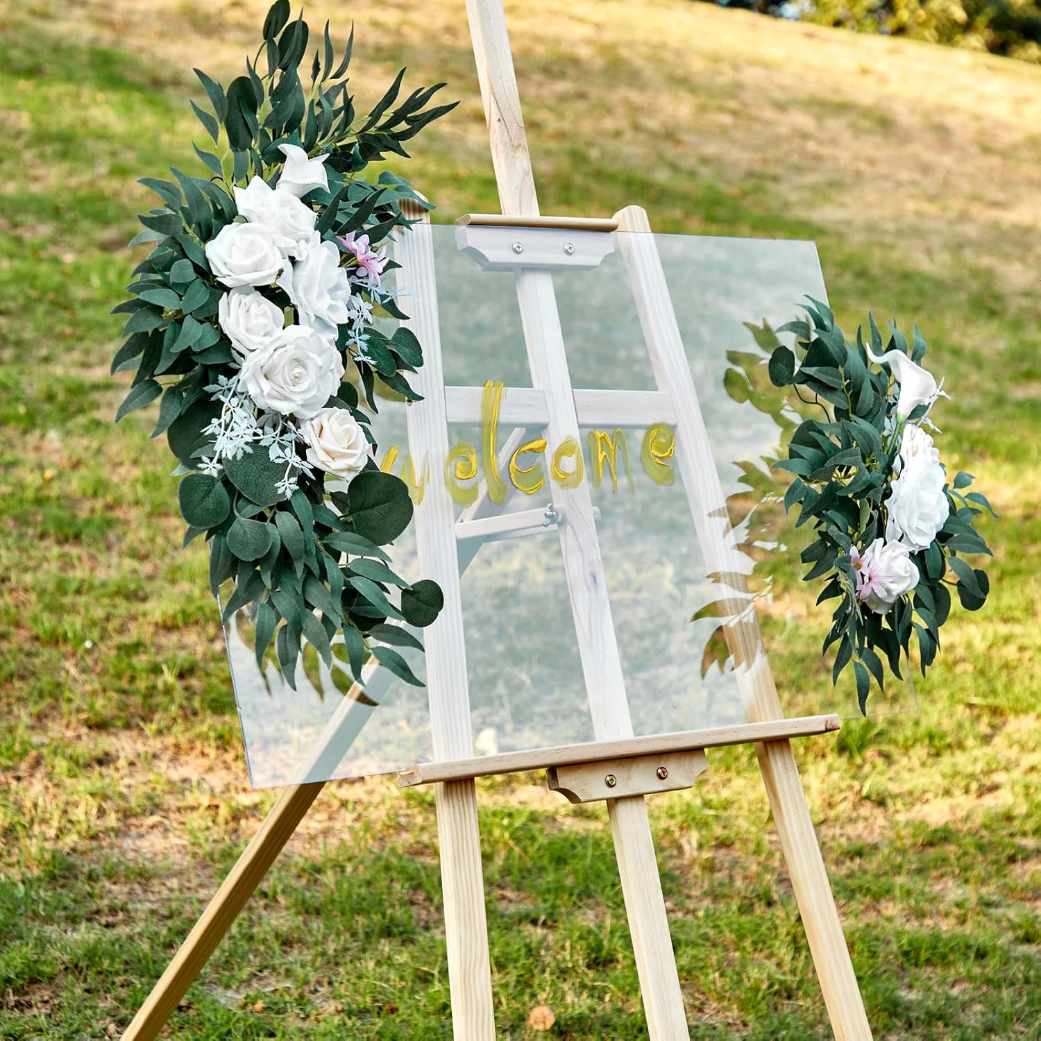 Aitnwoy Artificial Wedding Arch Flowers Kit 2 Pcs Dust Rose Flowers Silk Peony Floral Swag Welcome Sign for Wedding Ceremony Party Home Garland Decor