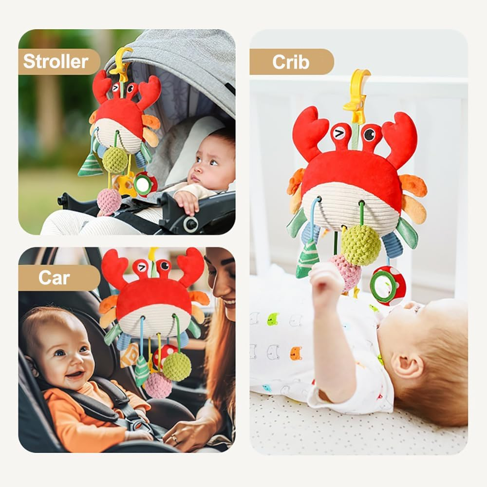 Crab Car Seat & Stroller Toy for Babies 0-12 Months, Sensory Hanging Toy with Rattle, Mirror, Squeaker, Bpa-Free Pull Strings, Fine Motor Skills Baby Newborn Infant Boy Girl image number 2