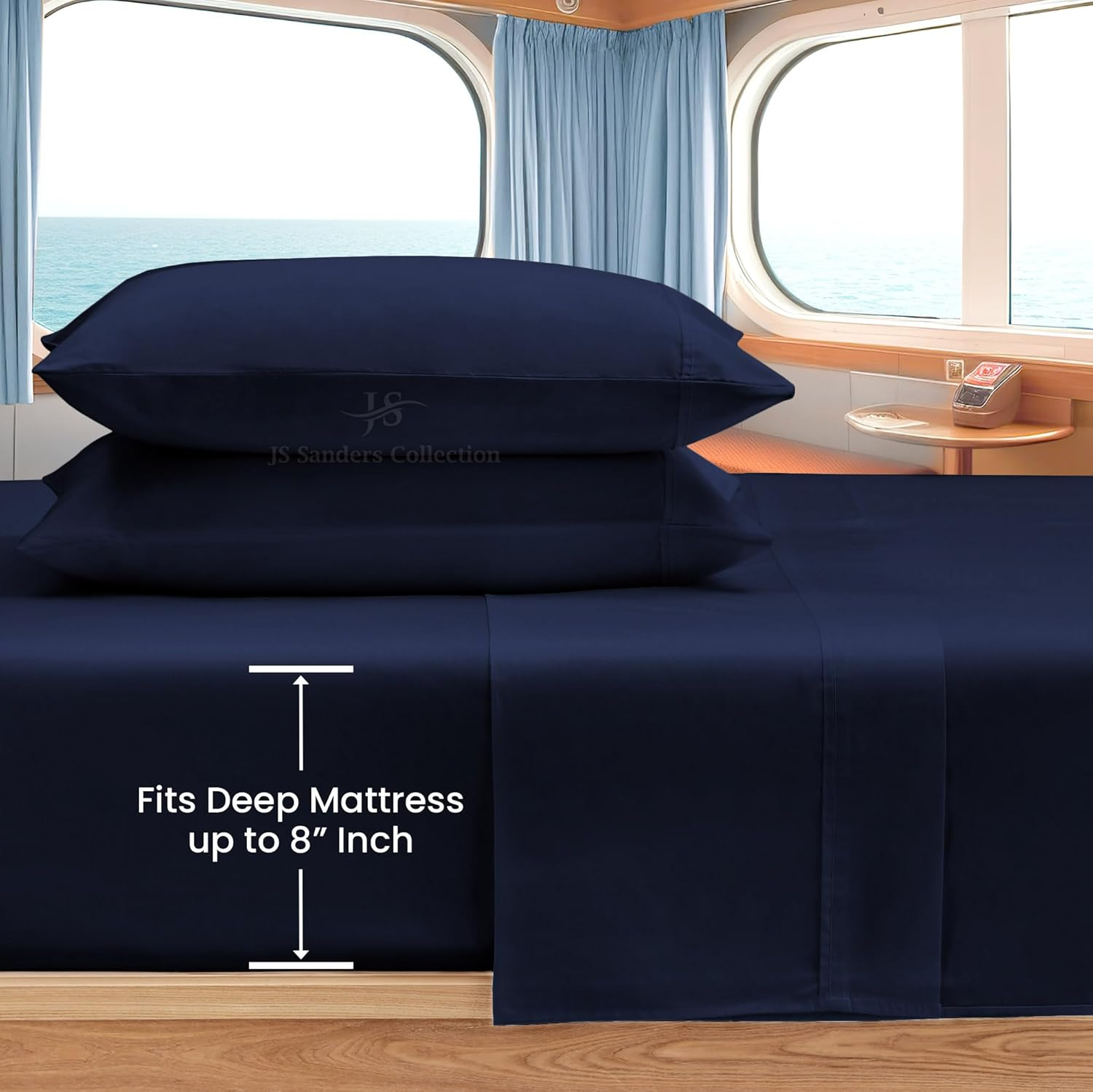 JS Sanders Collection 100% Egyptian Cotton AFT Berth 4 Piece the Best Boat AFT Berth Bedding Fits Mattresses up to 8&rdquo; Depth Sheet Set - 600 TC Navy Blue image number 7