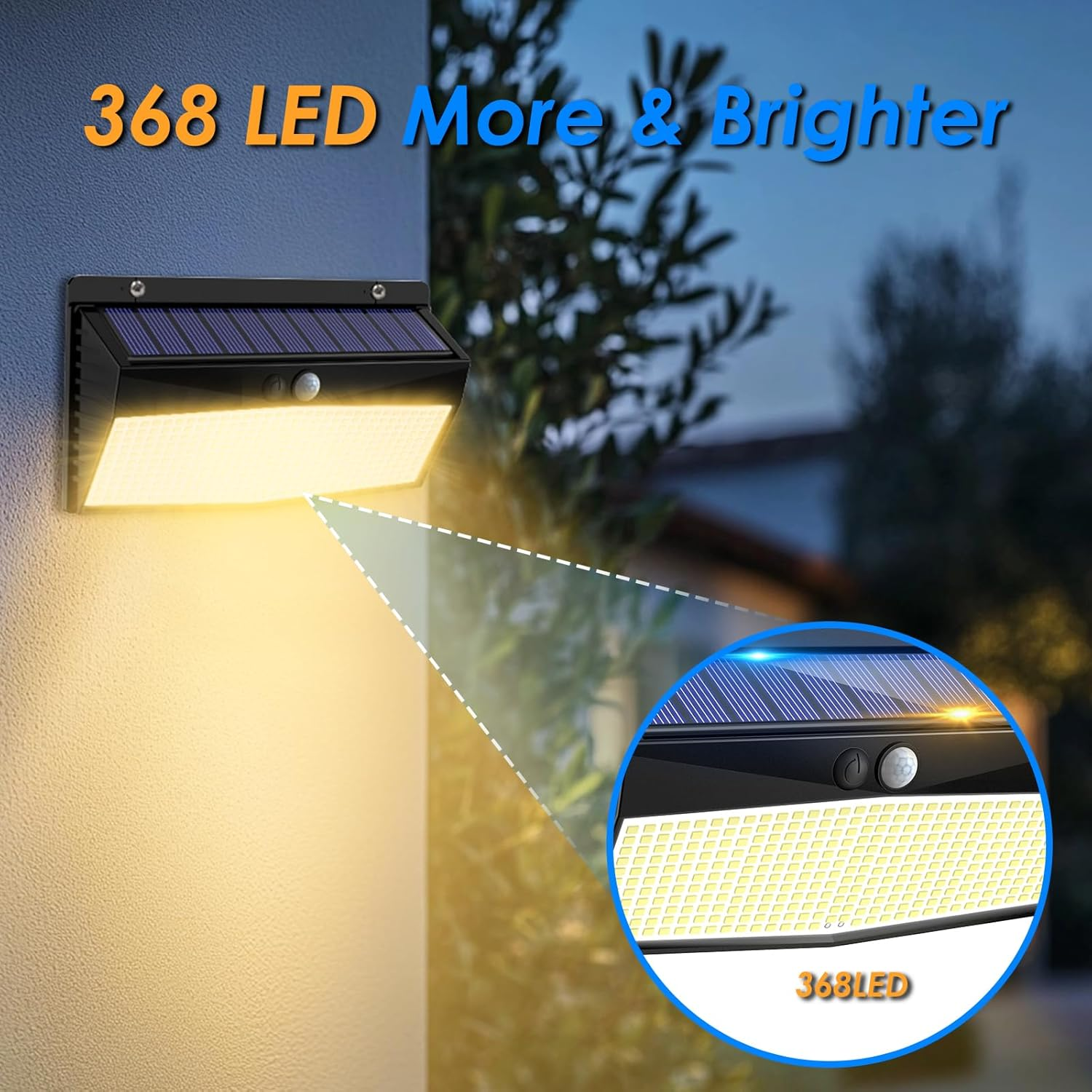Peasur Pack of 2 368 LED Solar Lights for Outdoor Use with Motion Sensor, Solar Lights Lamp Outdoor, 3 Modes, IP65 Waterproof Solar Wall Light for Garden, Garage, Deck, Warm White image number 4